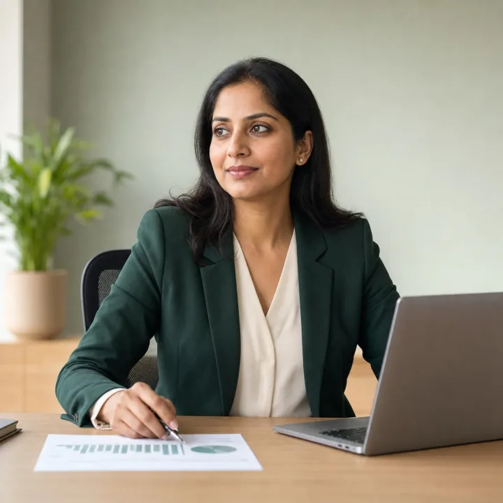 Virtual CFO reviewing a financial plan at her desk