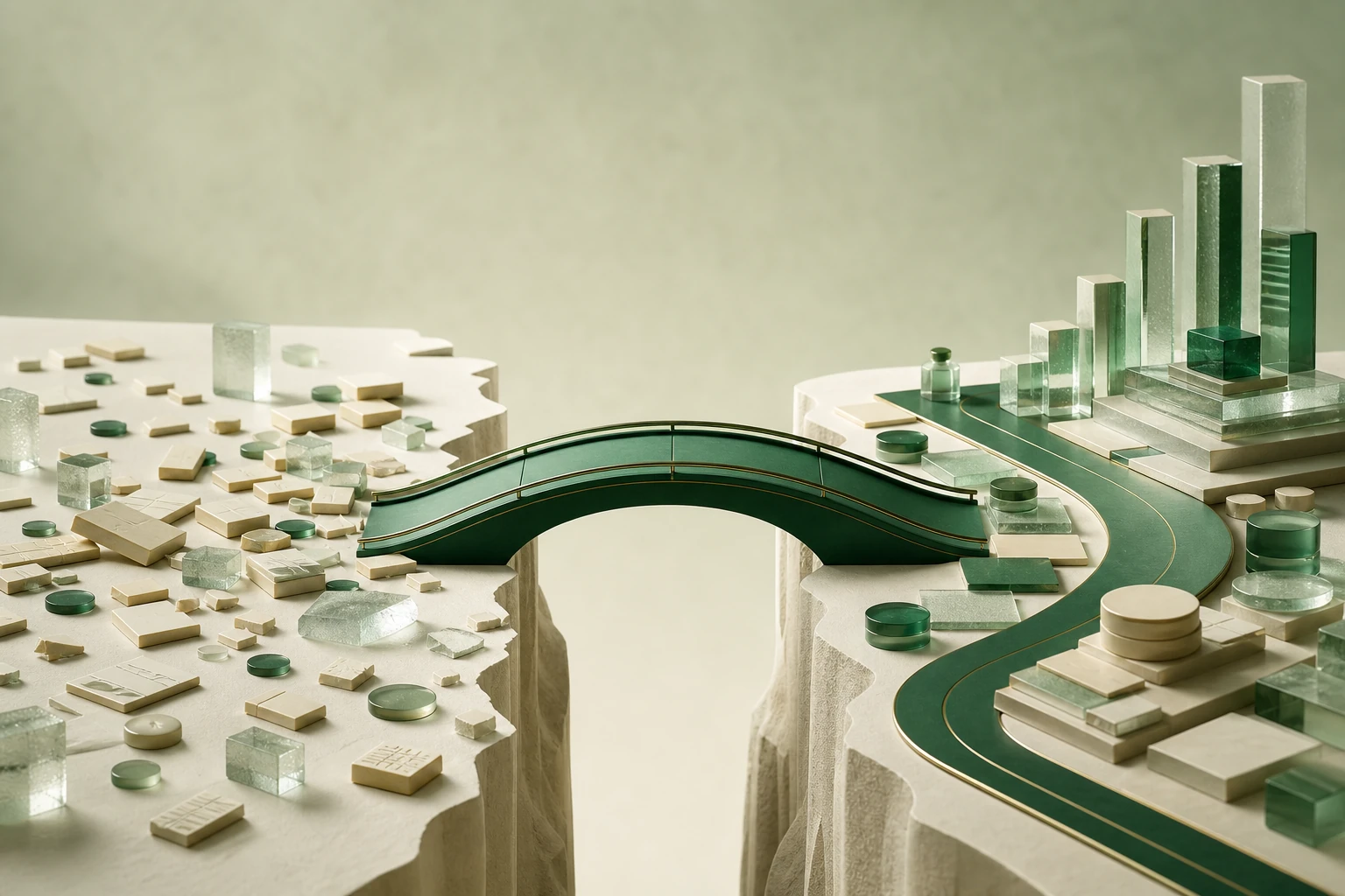 Abstract green bridge connecting scattered finance fragments into one clear, rising system