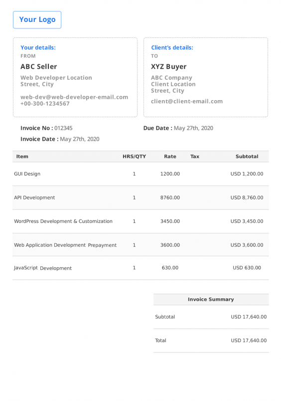 Sample structure of the invoice