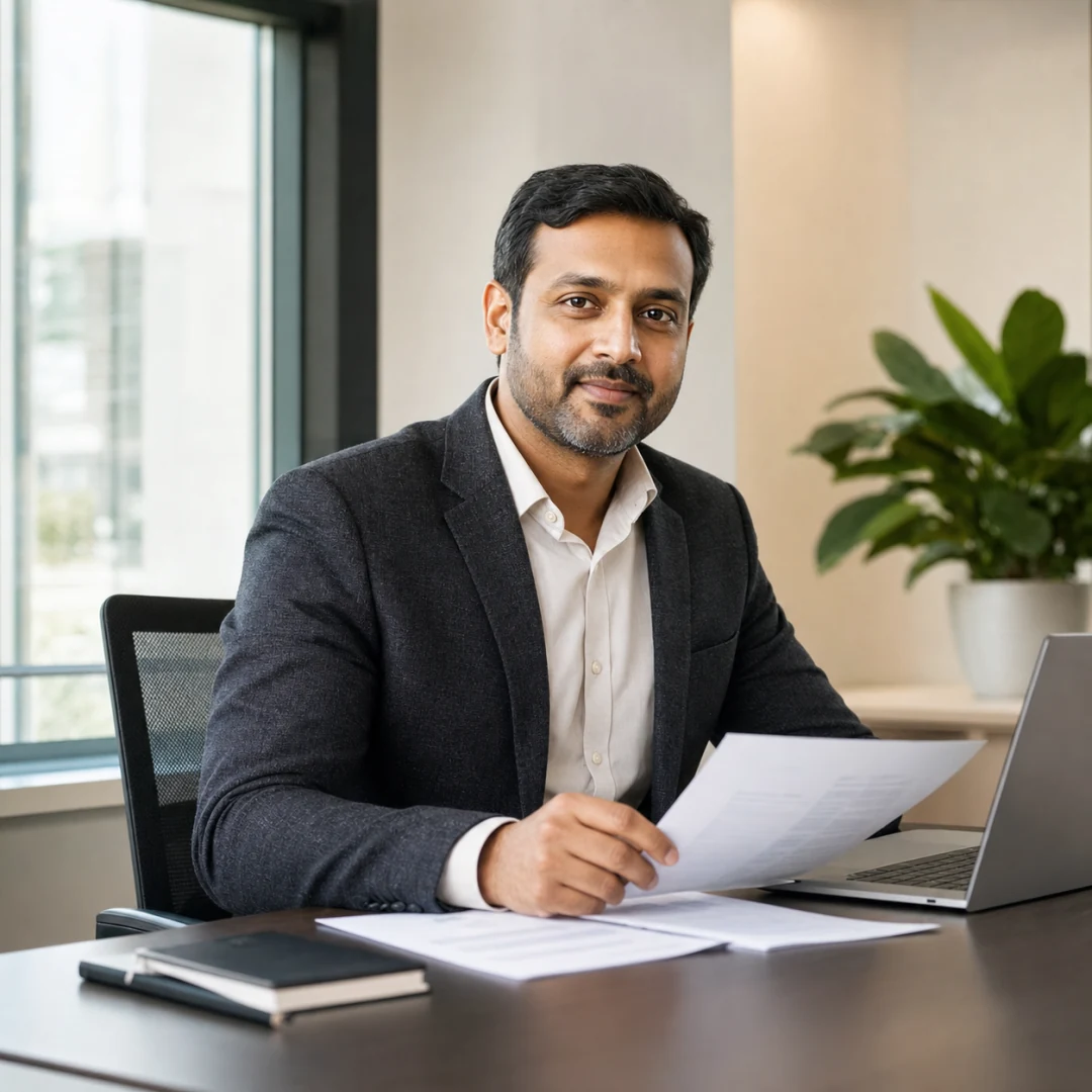 Dedicated CFO reviewing financial information in a professional office